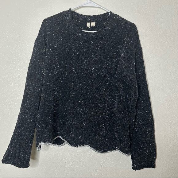Anthropologie Moth Shimmer Black Crew Neck Knit Sweater Small - Picture 1 of 5